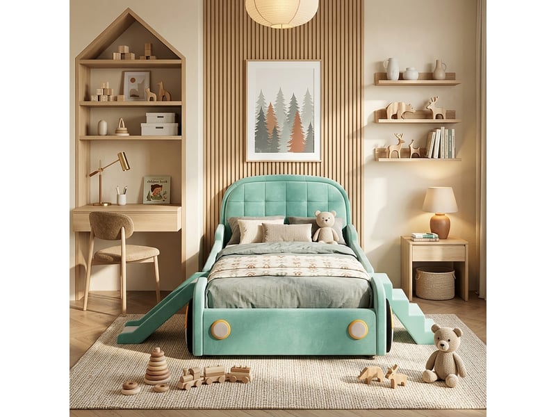  Lit voiture 90x200 cm, lit enfant, escalier, toboggan, barrière antichute, velours bleu-vert  - Conforama R
