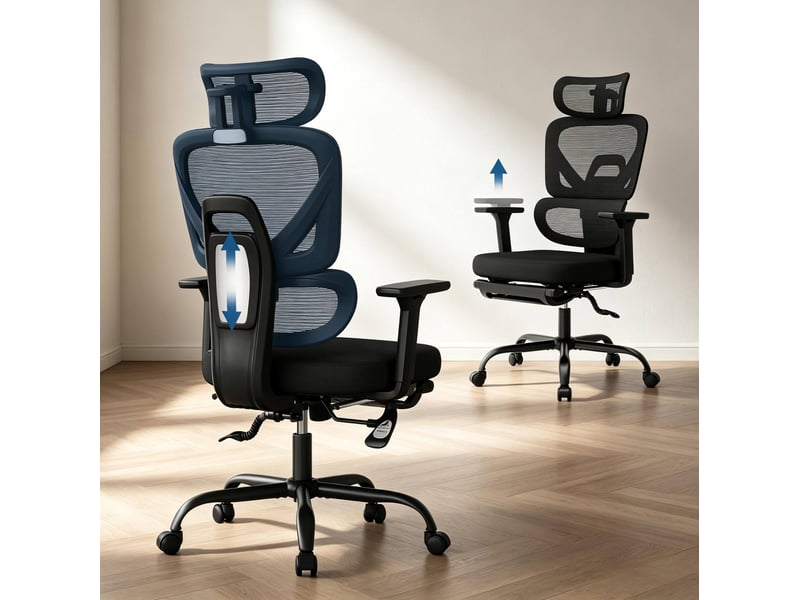 Chaise de bureau ergonomique noire, repose-pieds réglable et dossier inclinable  - Conforama E