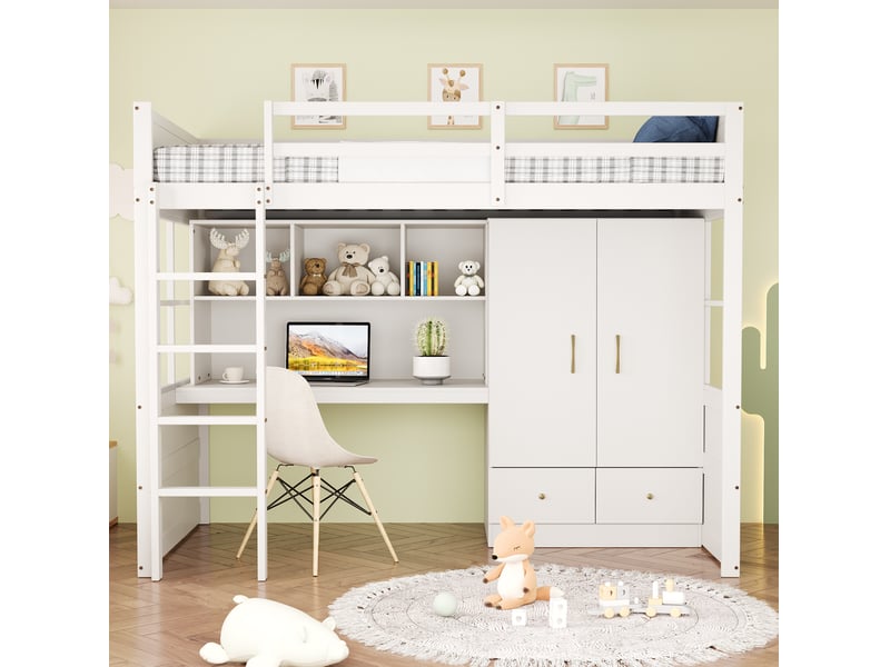  Lit mezzanine 90 × 200 cm avec bureau, armoire, tiroirs et échelle, sans matelas, blanc  - Conforama B