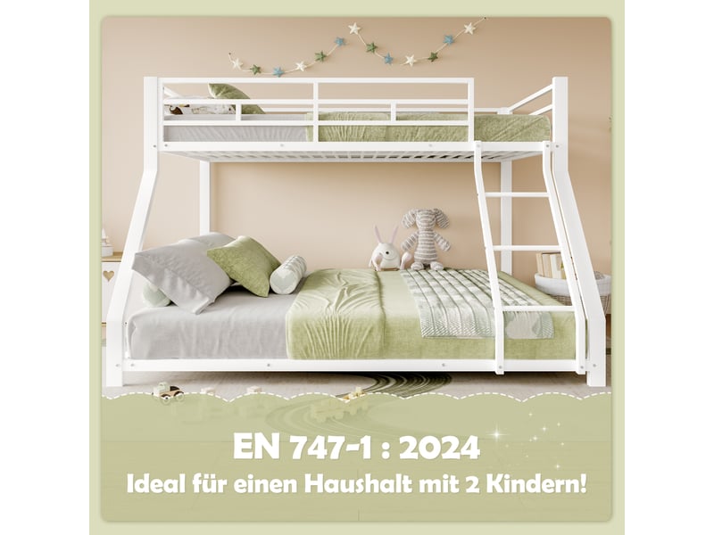 Lit superposé enfant 3 places 90×200 cm et 140×200 cm avec barrière et escalier - okmyhome- métal blanc, sans matelas  - Conforama E
