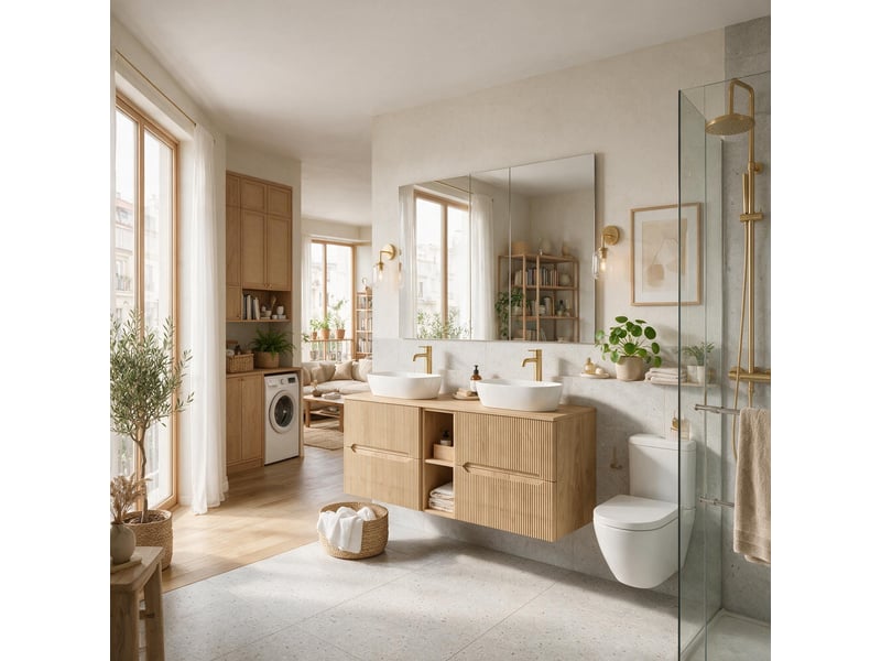 Meuble sous vasque suspendu avec étagère centrale 4t novo l.180 cm effet chêne hikora - Conforama B