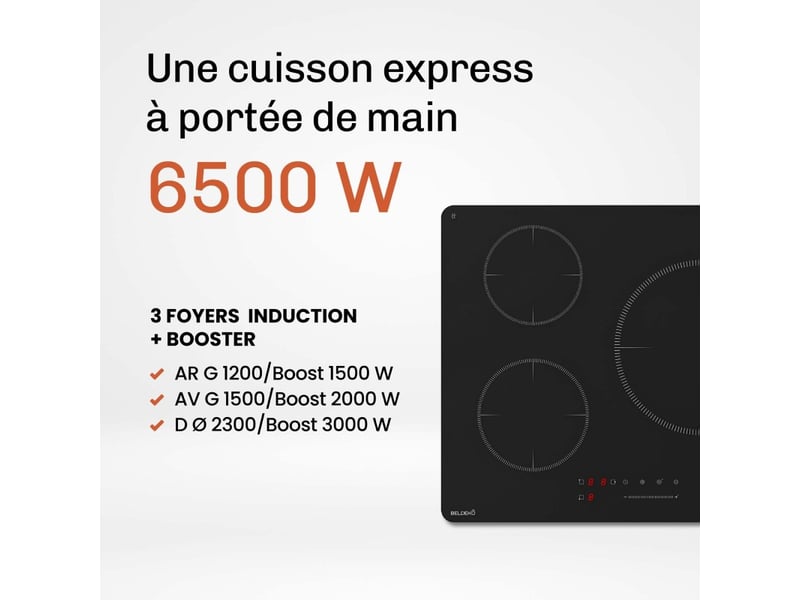 Plaque induction encastrable 3 zones foyer xl 280mm 6500w - verre noir mat antirayure - 3 boosters - pause - marque francaise  - Conforama E