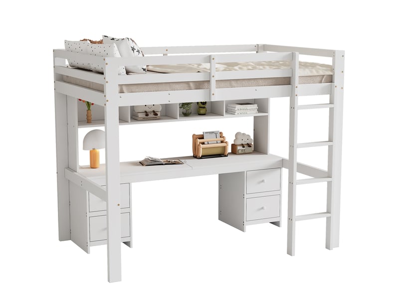 Lit mezzanine enfant avec bureau et rangement, 4 tiroirs, pin massif et mdf blanc, couchage 90x200 cm - Conforama A
