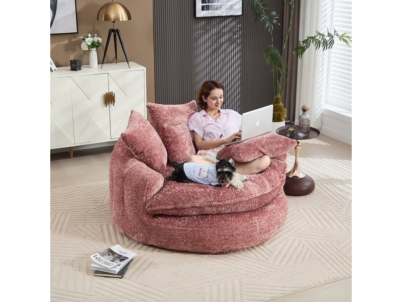  Canapé lounge xxl 1 place 190,5x138x63 cm, chaise longue ronde en polyester, assise profonde en mousse haute densité, coussins, sans montage, rose  - Conforama E