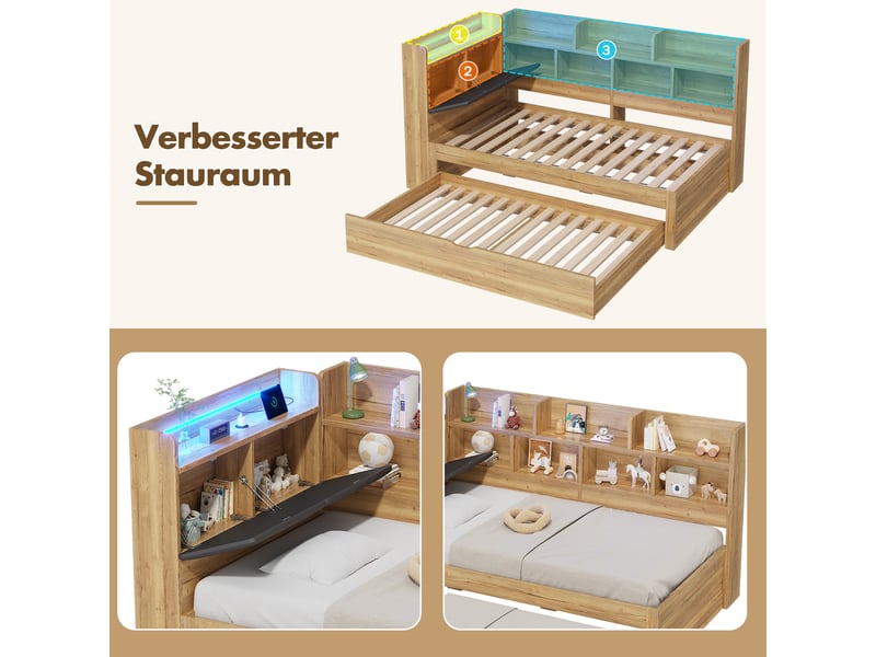  Lit gigogne avec rangement 90 x 200 cm, led, usb,  banquette-lit bois, naturel  - Conforama D