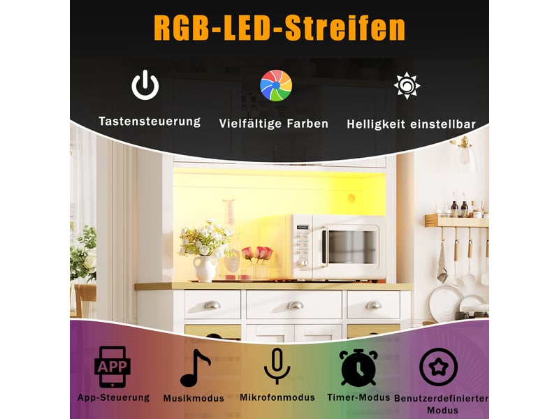  Buffet de cuisine haut 120x40x188 cm avec led rgb, plan de travail effet bois, 4 paniers amovibles, étagères réglables et fermeture douce, blanc N620GG260801ER - Conforama E