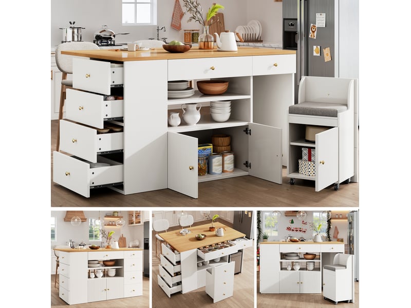  Desserte de cuisine 140x40(70)x90,5 cm, avec 6 tiroirs et tabouret coffre, structure mdf et métal, meuble de cuisine  - Conforama D