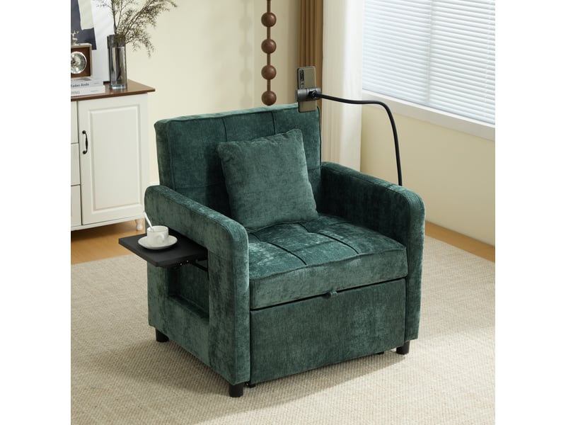  Fauteuil-lit convertible 2-en-1 en chenille vert, dossier réglable 5 positions, tablette et rangements, 167 cm IKSETERA TRADING LTD - Conforama B