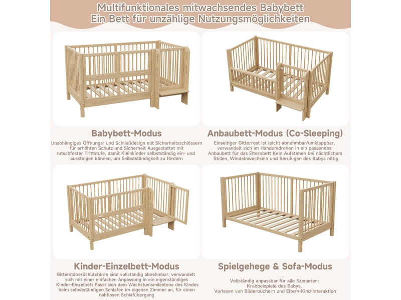 Lit enfant simple 140×70 cm avec barrière rabattable et marchepied - sans matelas, bois massif - naturel - Conforama E