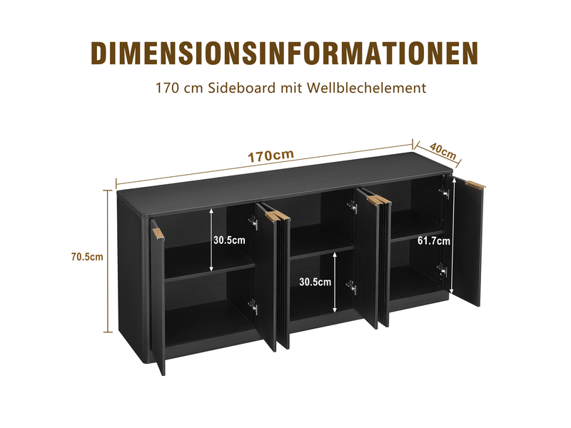  Buffet ulevr 170 cm à 6 portes avec rangement, mdf noir, panneau ondulé, utilisable comme meuble tv  - Conforama C
