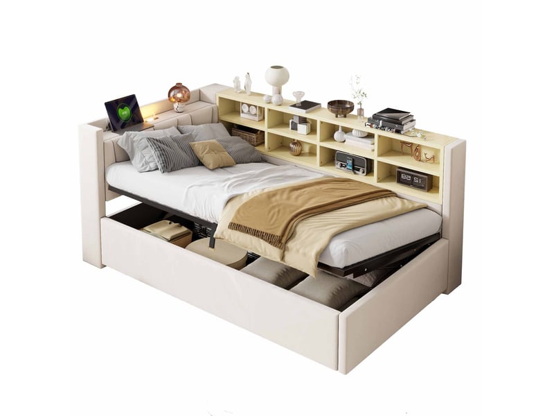  Lit coffre 90x200 cm en velours beige avec veilleuse et ports usb et usb-c  - Conforama A
