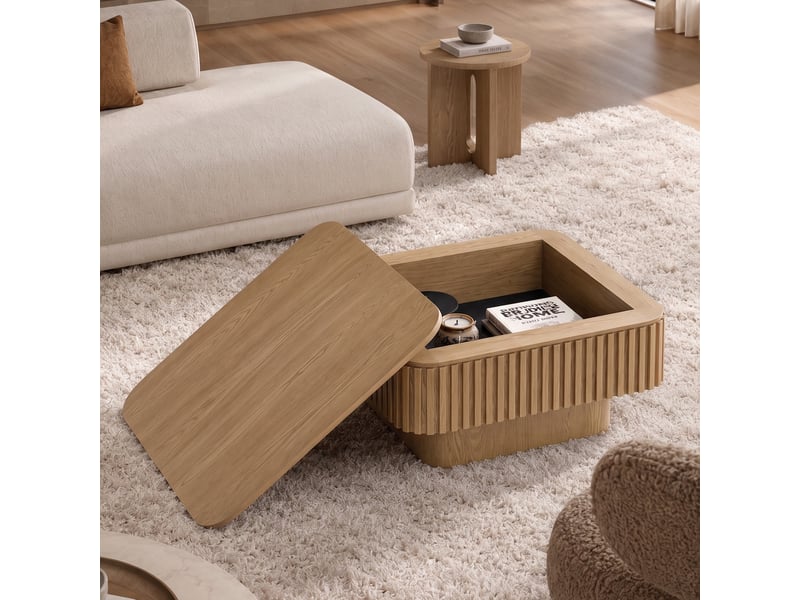  Table basse carrée bois naturel 75 cm - façade rainurée, rangement caché - placage bois massif  - Conforama D