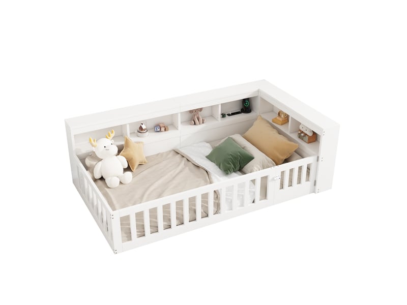  Lit simple 90x200 cm avec rangement, prises usb et barrière blanc  - Conforama A