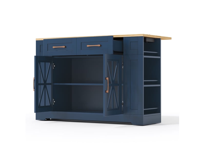  Desserte de cuisine 120x40-65x92 cm bleu et naturel, mdf, plateau rabattable, prises et roulettes avec freins  - Conforama D