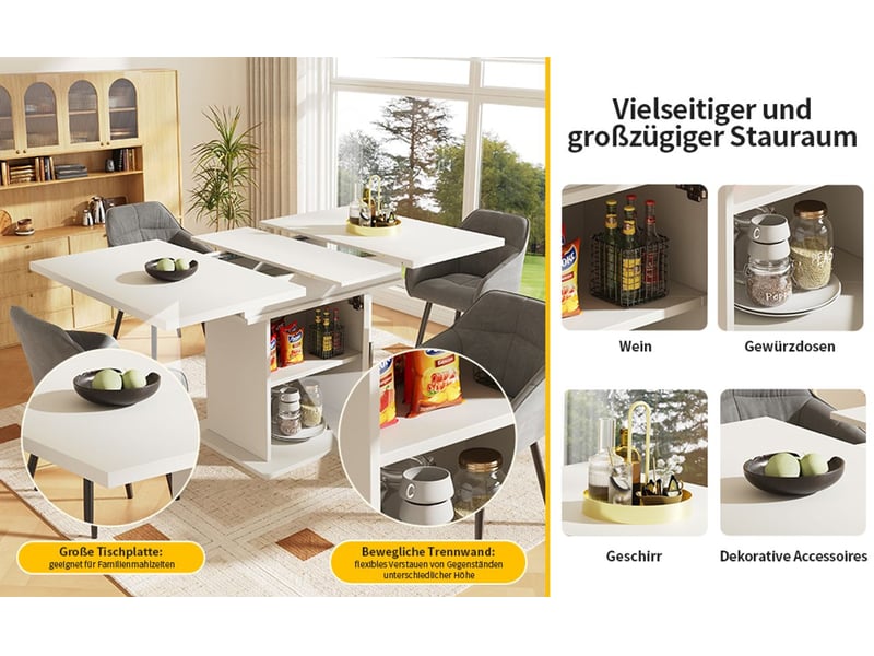 Table de cuisine 140x80, plateau laqué brillant table à manger, table extensible, rangement intégré, trois niveaux d'étagères - Conforama E