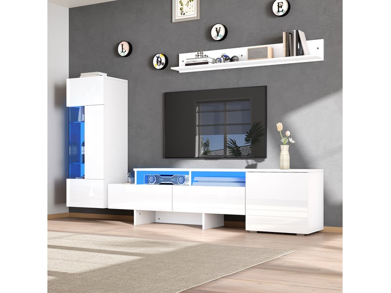  Ensemble meuble tv 3 pièces blanc avec led, finition brillante, pour téléviseur jusqu'à 70 pouces  - Conforama C