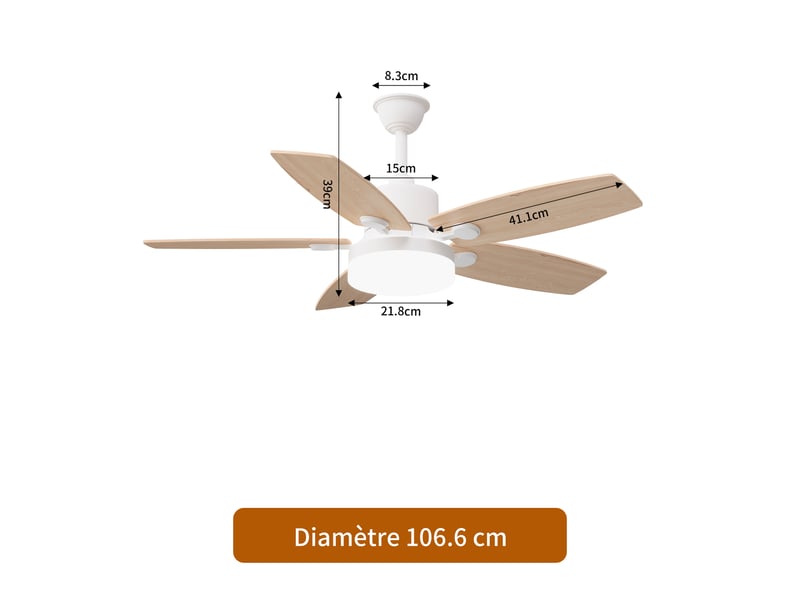  Ventilateur de plafond avec lumière led, 6 vitesses, 5 pales, finition bois, 42 pouces  - Conforama C