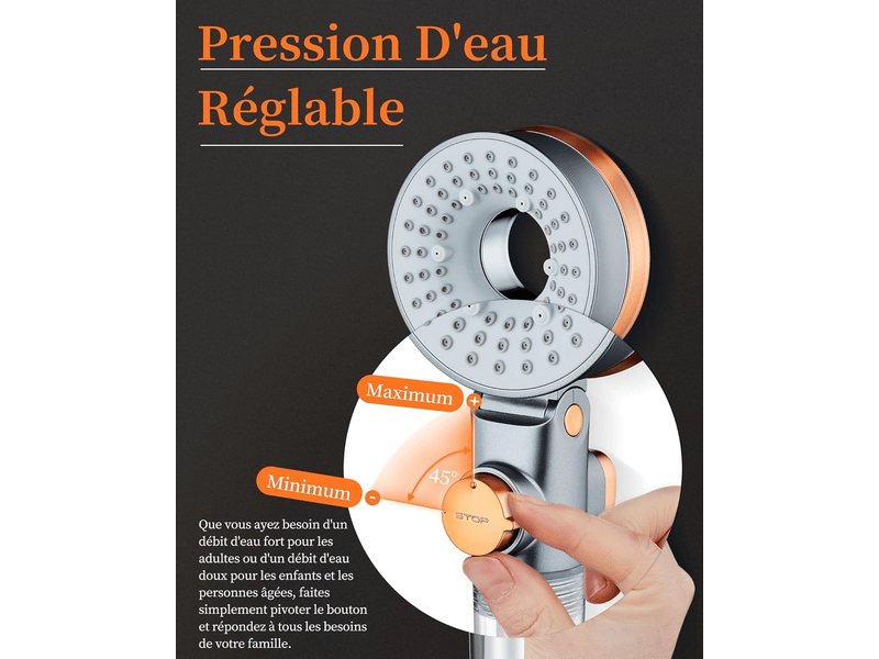 Pommeau de douche à économie d'eau, pomme de douche avec 5 filtres, avec 3 modes spa, conduite d'eau de 2 m - Conforama D