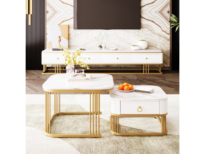  Tables basses gigognes ulevr 2 pièces 60 x 60 x 45 et 50 x 50 x 34 cm, tiroir, effet marbre brillant blanc et or  - Conforama D