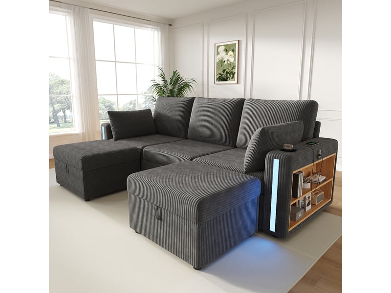  Canapé d'angle modulable en u et l 5 places, tissu velours côtelé gris avec poufs de rangement, éclairage led &amp; ports usb pour grand salon.  - Conforama D