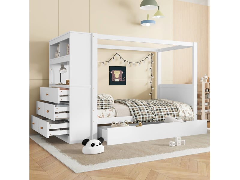  Modenvie lit enfant 90x200 cm - avec rangement, 5 tiroirs et barriere de securite, sans matelas - blanc  - Conforama B
