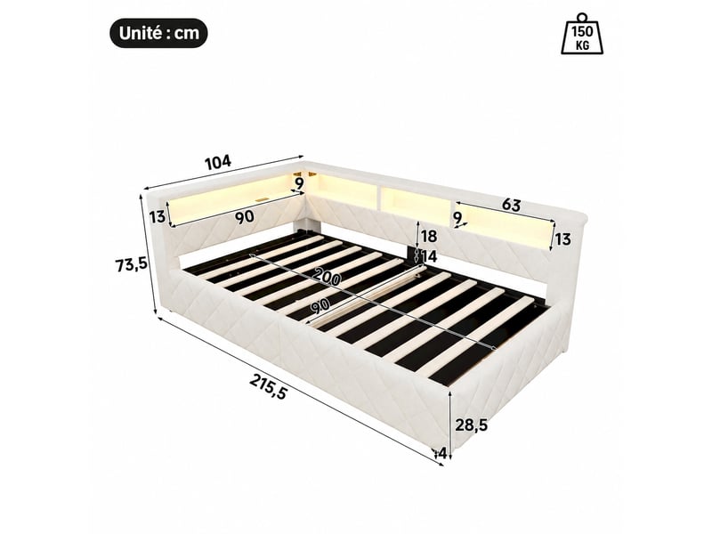 Lit 90 x 200 cm avec coffre de rangement, led, usb, lin beige, sans matelas - Conforama C