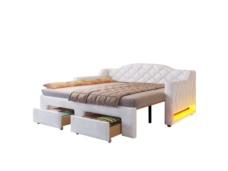 Canapé-lit extensible 90/180x200 cm, 2 tiroirs, led 7 couleurs, velours blanc, sans matelas - Conforama A