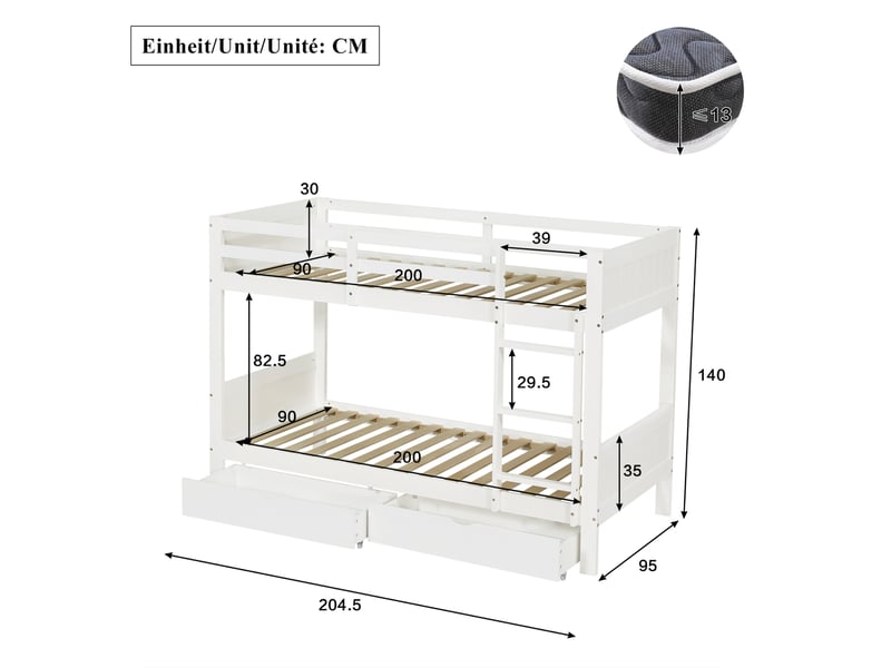  Lit superposé enfant 90x200 cm blanc, séparable en 2 lits, avec 2 tiroirs  - Conforama C