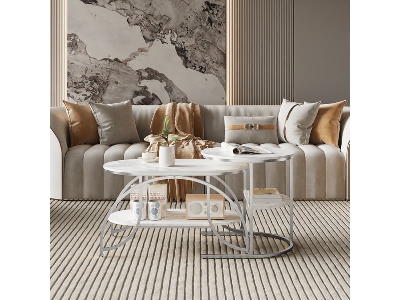  Table basse gigogne 8052cm blanc et argent - design moderne avec plateau effet marbre et double étagère de rangement  - Conforama E