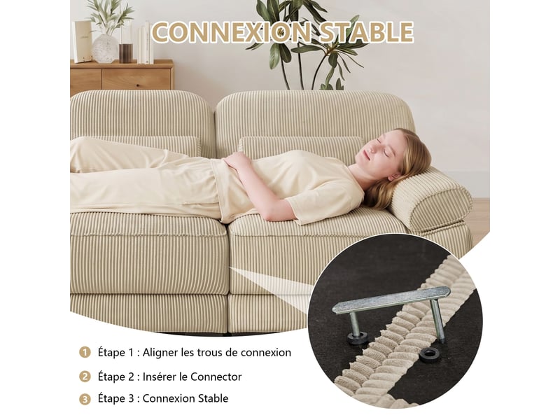  Canapé d’angle modulable 194 cm 2 places avec pouf, design carré épuré, base et accoudoirs à matelassage en canaux, velours côtelé, beige  - Conforama E