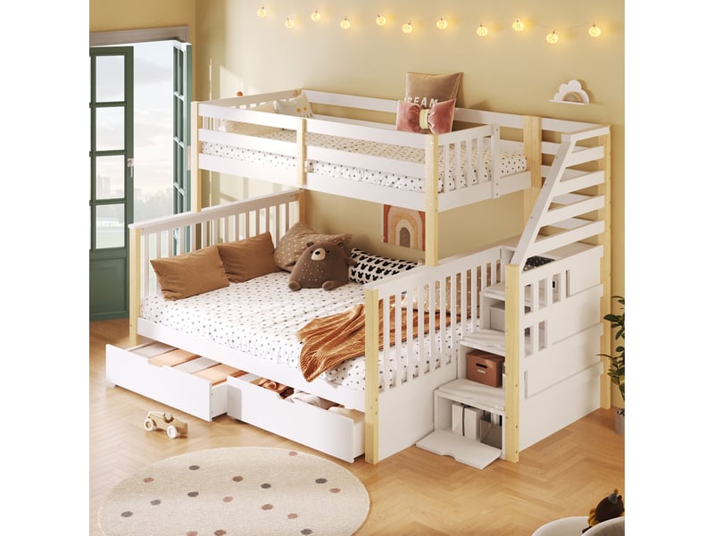 Lit superposé 90x200 sur 140x200 avec tiroirs de rangement, lit enfant en bois massif, escalier latéral, blanc et nature. - Conforama W