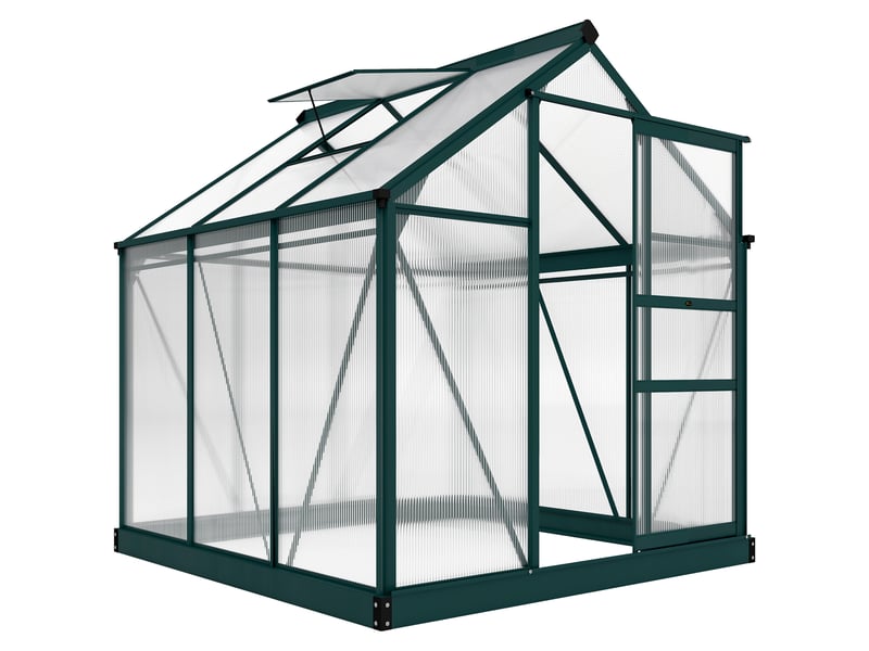  Serre de jardin polycarbonate 190 x 192 x 201 cm résistant aux uv 30+ fondation renforcé gouttière vert foncé  - Conforama A