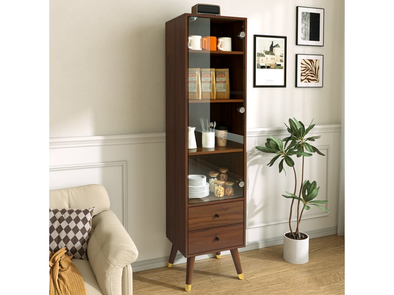  Armoire vitrine avec 3 étagères réglables et 2 tiroirs, meuble haut avec porte en verre à ouverture par pression, pour salon ou bureau, effet noyer Seren Glow - Conforama E