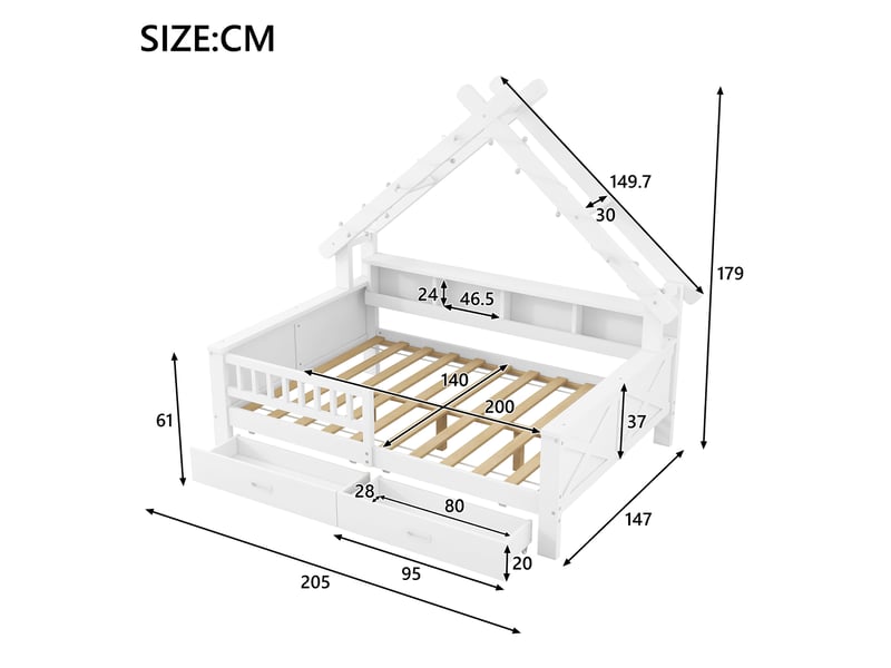  Lit maison 140x200 cm blanc, avec led, rangements, 2 tiroirs, garde-corps, structure bois, sommier inclus, sans matelas  - Conforama C