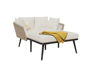 Chaise longue de jardin 2 places beige et kaki en polyester, coussins lavables, pour terrasse et balcon