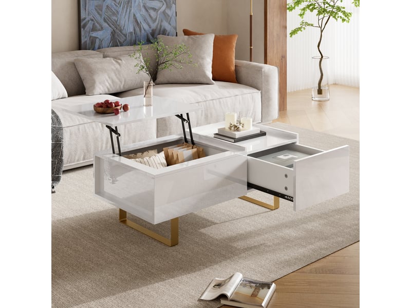 Table basse relevable mdf brillant - avec rangement, tiroir et pieds fer - moderne pour salon - Conforama E