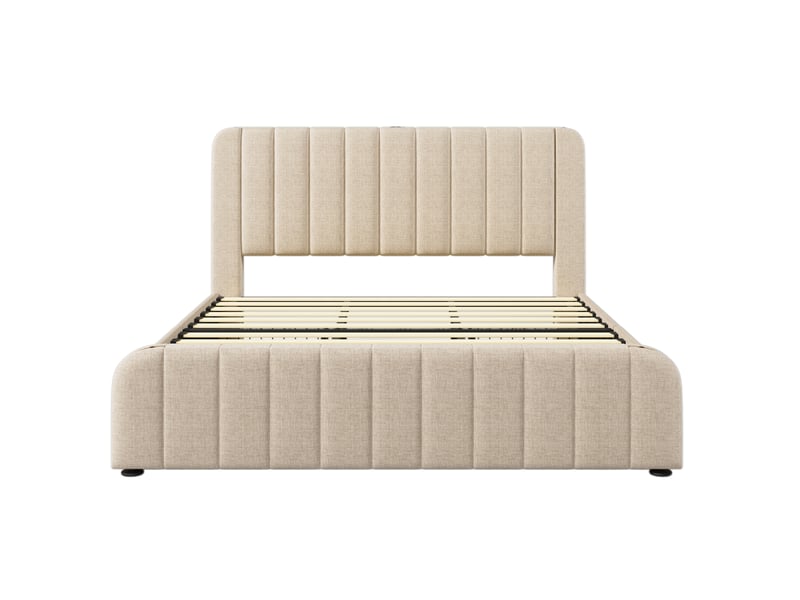  Lit double rembourré lin beige avec tête de lit dorée, usb-c, 4 tiroirs 180x200 cm avec matelas  - Conforama A