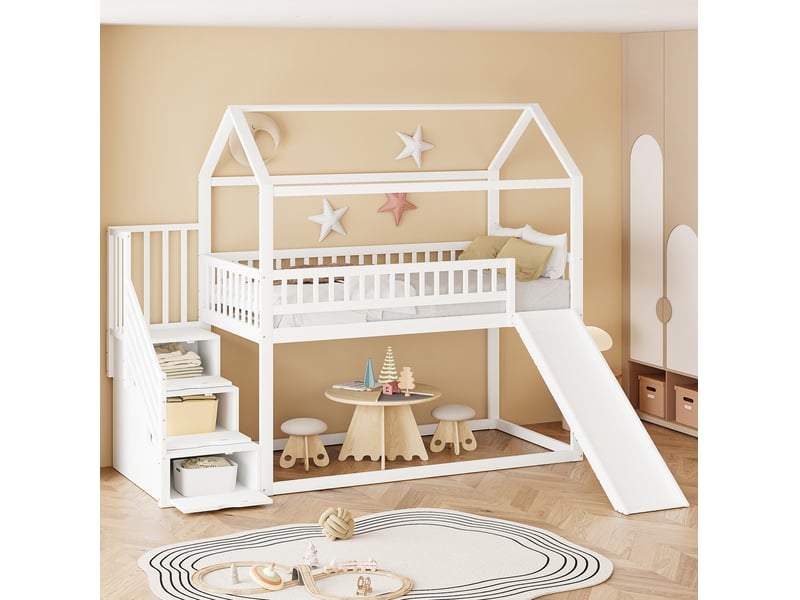 Lit mezzanine enfant 90 x 200 cm avec toboggan, escalier de rangement et sommier blanc - Conforama B