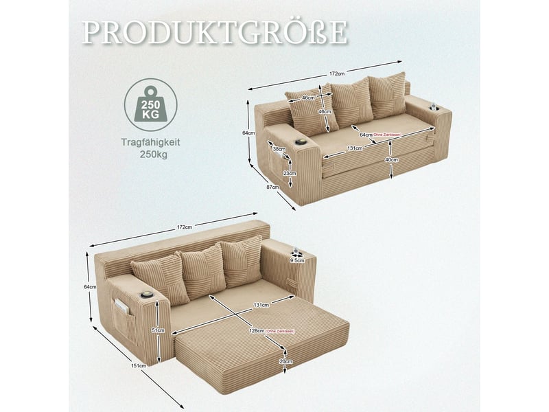  Canapé 3 places - 172x87x64cm - canapé droit convertible velours côtelé, 2 porte-gobelets, poches, mousse mémoire 250kg - khaki  - Conforama E