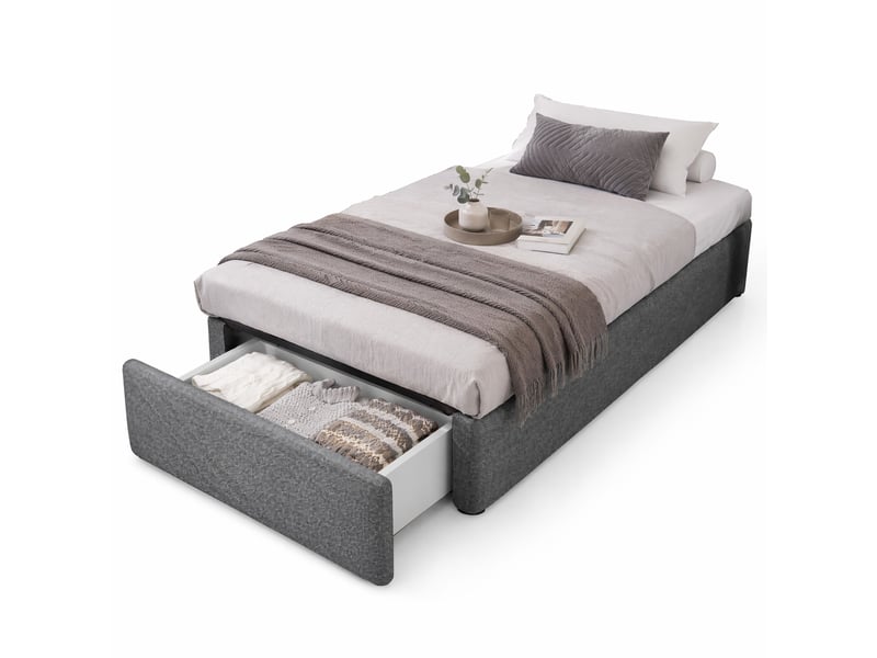  Sommier 90x200 cm, gris, avec espace de rangement et 1 tiroir, lit coffre enfant, revêtement coton-lin, sans matelas ni tête  - Conforama E