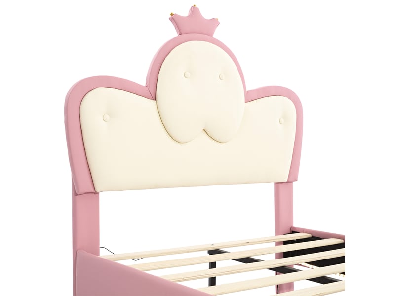  Lit enfant 90x200 cm capitonné en pu rose et blanc avec led  - Conforama R