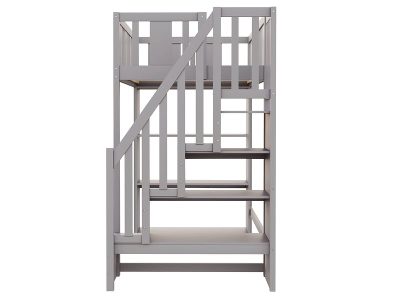  Lit mezzanine enfant 90x200 cm – gris – escalier avec rangement et 3 compartiments latéraux – sans matelas  - Conforama E