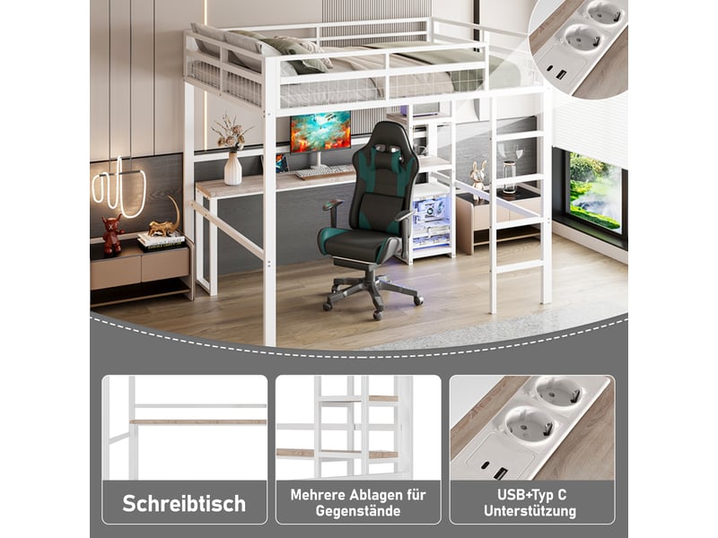  Lit mezzanine enfant 140x200 cm, bureau, étagère, charge, garde-corps, sommier, métal blanc, sans matelas  - Conforama D