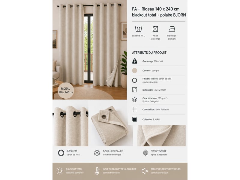Lot de 2 rideaux 140 x 240 cm blackout total & thermique double polaire pampa - Conforama B