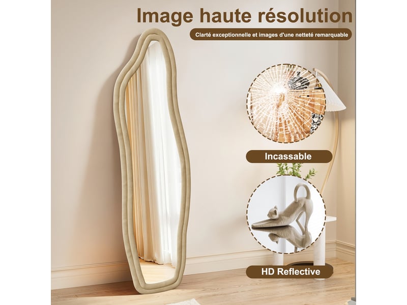 Miroir sur pied – forme organique irrégulière – cadre en velours – miroir en verre trempé haute définition - Conforama E