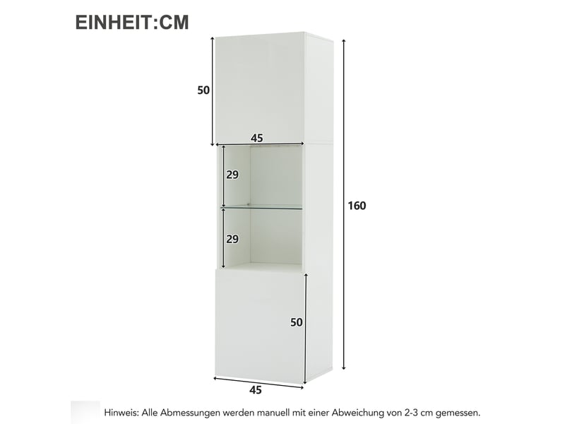  Vitrine brillant h-160cm en panneaux de particules avec lumière led,2 portes,2 niches et étagère en verre,blanc vitrine blanc - Conforama C