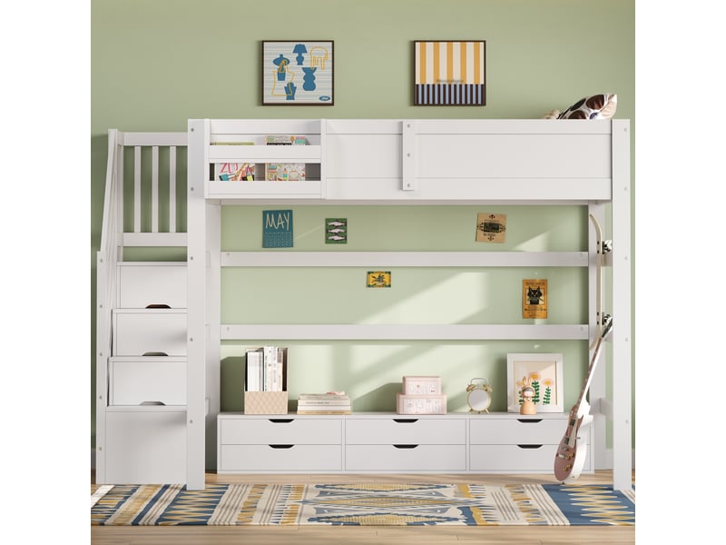 Lit mezzanine 140x200 cm - grand rangement - 6 tiroirs - barrière de sécurité - bois - structure multifonction - pour chambre enfant - blanc CozyNest - Conforama B
