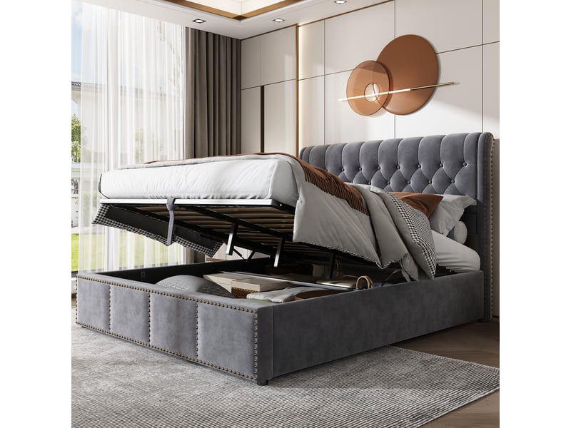 Lit coffre enfant 140x190 cm avec tête de lit et sommier, rangement et décor à rivets, velours, gris, sans matelas - Conforama B