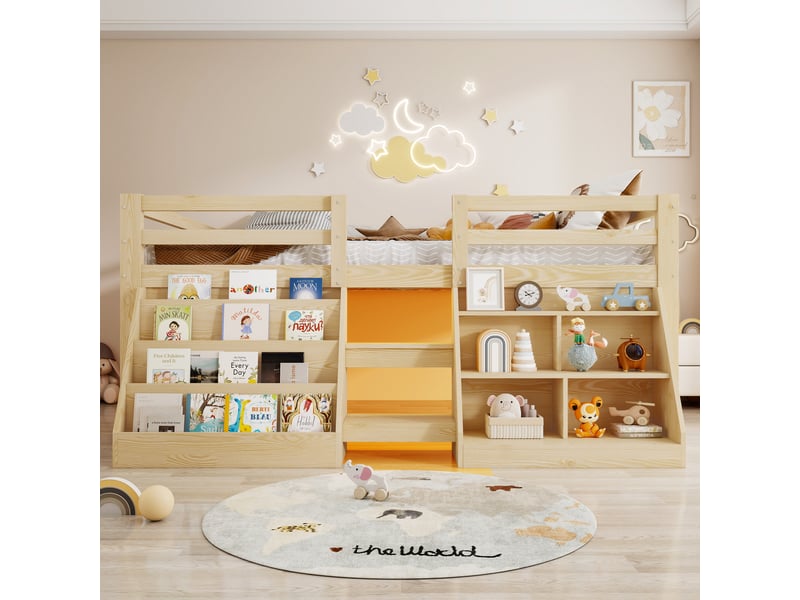  Lit mezzanine enfant 140x200cm en pin avec compartiments ouverts et led,lit superposé double avec échelle et barrières de sécurité,sans matelas-blanc  - Conforama W