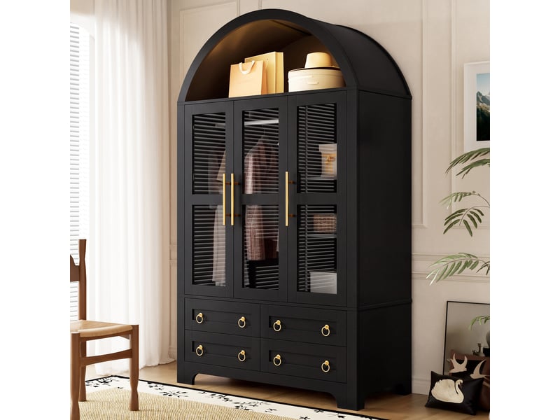  Vitrine haute 110x50x186 cm, 3 portes vitrées, penderie, 4 tiroirs, led par application, pour salon et salle à manger - noir  - Conforama D